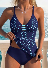 Mid Waisted Geometric Print Hollow Out Navy Tankini Set