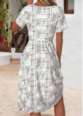 Geometric Print Tummy Coverage White Short Sleeve Dress
