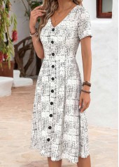 Geometric Print Tummy Coverage White Short Sleeve Dress