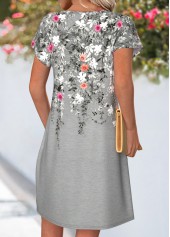 Floral Print Tuck Stitch Grey Short Split Neck Dress