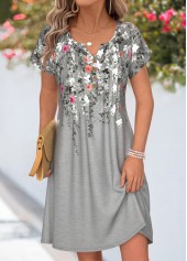 Floral Print Tuck Stitch Grey Short Split Neck Dress