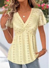 Patchwork Yellow Short Sleeve V Neck T Shirt