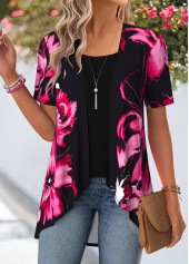 Floral Print Black Short Sleeve Fake Two Piece Twinset