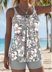 Mid Waisted Floral Print Bowknot Light Grey Tankini Set
