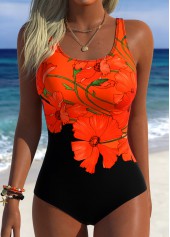 Tropical Plants Print Adjustable Tie Black One Piece Swimwear