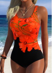 Tropical Plants Print Adjustable Tie Black One Piece Swimwear