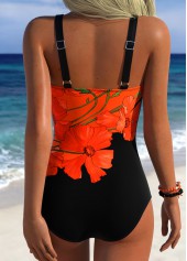 Tropical Plants Print Adjustable Tie Black One Piece Swimwear