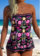 Floral Print Tummy Coverage Black Tankini Top-No Bottom