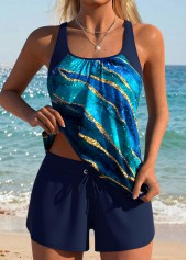Mid Waisted Marble Print Tummy Coverage Navy Tankini Set