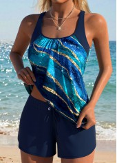 Mid Waisted Marble Print Tummy Coverage Navy Tankini Set
