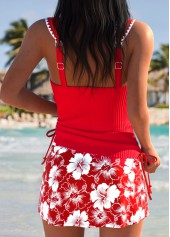Mid Waisted Tropical Plants Print Wrap Red Tankini Set