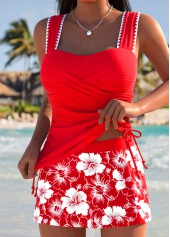Mid Waisted Tropical Plants Print Wrap Red Tankini Set