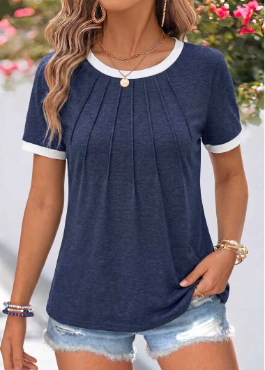 Patchwork Navy Short Sleeve Round Neck T Shirt Patchwork Navy Short Sleeve Round Neck T Shirt