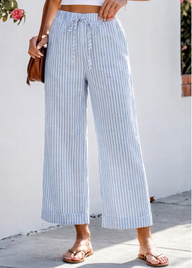 Striped Blue Wide Leg Elastic Waist High Waisted Pants Striped Blue Wide Leg Elastic Waist High Waisted Pants