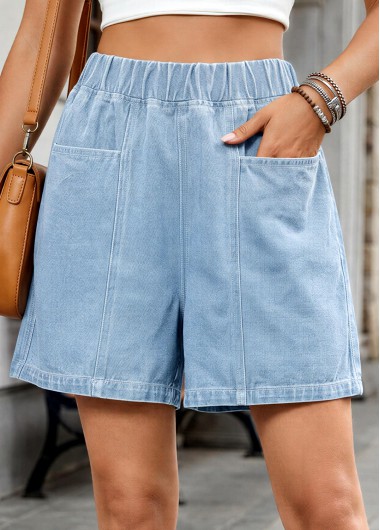 Denim Blue Wide Leg Elastic Waist High Waisted Shorts