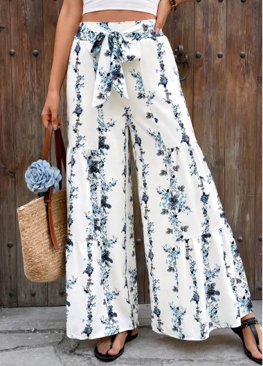 Floral Print White Flare Leg Elastic Waist Pants Floral Print White Flare Leg Elastic Waist Pants