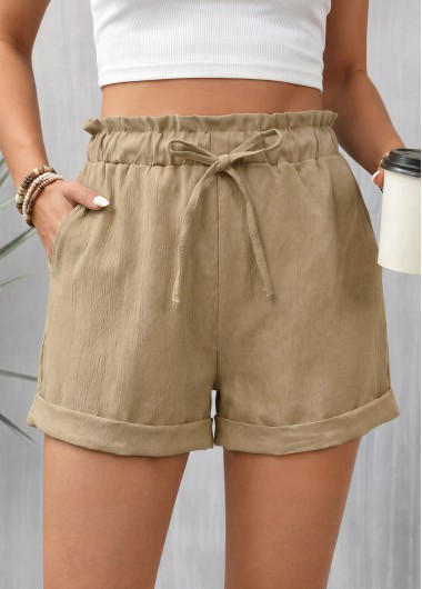 Light Camel Elastic Waist High Waisted Shorts