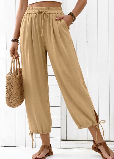 Light Camel Elastic Waist High Waisted Pants