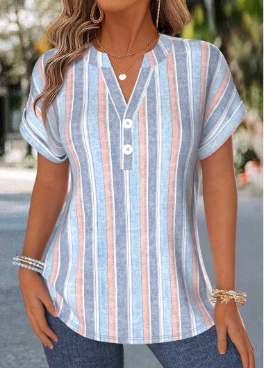 Multi Stripe Print Tummy Coverage Short Sleeve Blouse