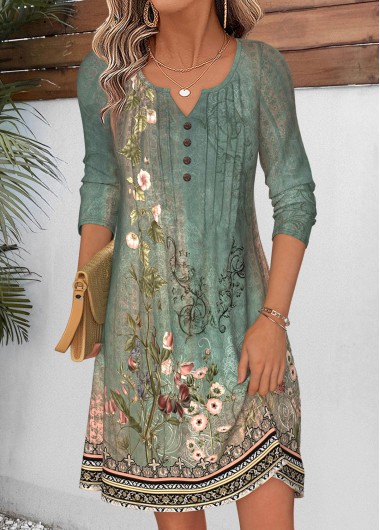 Random Floral Print Tuck Stitch Sage Green Short Dress
