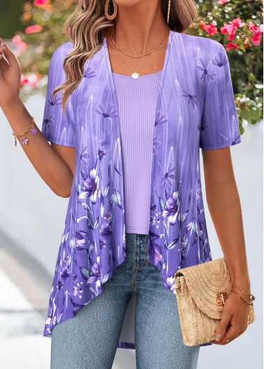 Floral Print Purple Short Sleeve Fake Two Piece Twinset
