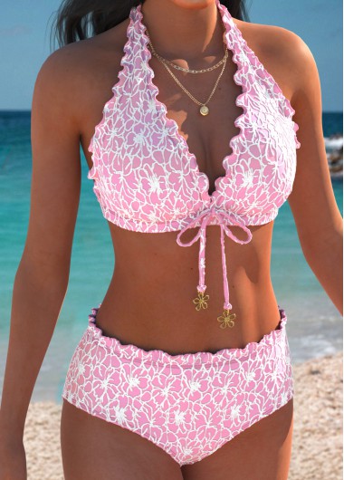 Mid Waisted Pink V Neck Bikini Set