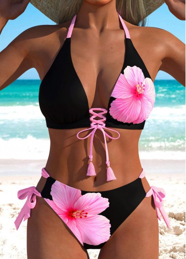 Mid Waisted Floral Print Lace Up Black Bikini Set