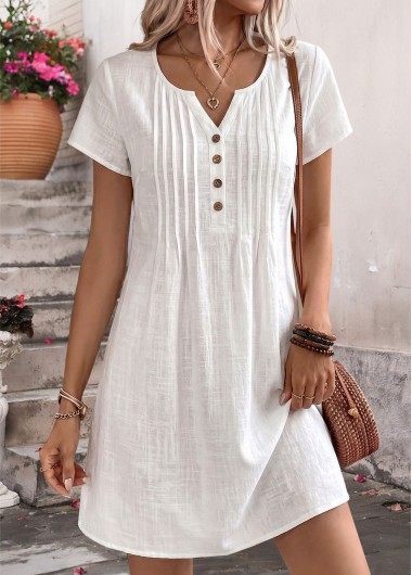 Tuck Stitch White Short Split Neck Dress