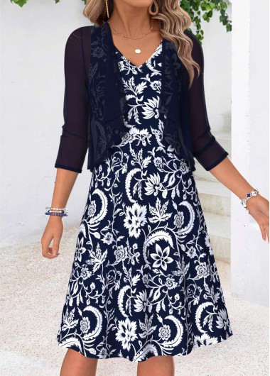 Tribal Print Two-piece Navy Short Sleeve Dress and Cardigan