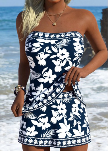 Mid Waisted Floral Print Tummy Coverage Navy Tankini Set Mid Waisted Floral Print Tummy Coverage Navy Tankini Set