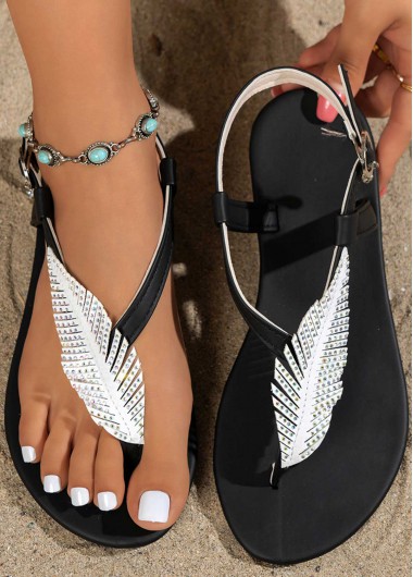 Black Feathers Print Open Toe Falt