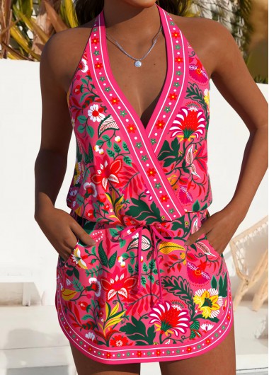 High Waisted Tribal Print Fake 2in1 Tankini Set
