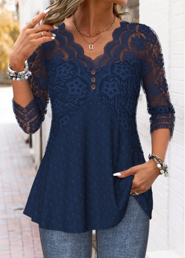 Curved Hem Navy Long Sleeve V Neck Blouse