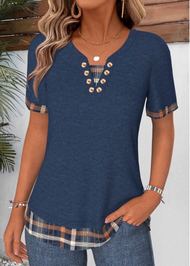 Plaid Fake 2in1 Navy Short Sleeve T Shirt Plaid Fake 2in1 Navy Short Sleeve T Shirt
