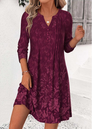 Random Floral Print Tuck Stitch Wine Red Short Dress