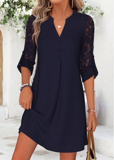 Patchwork Navy Short Long Sleeve Split Neck Dress