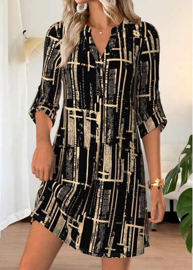 Geometric Print Black Short Half Sleeve Split Neck Dress
