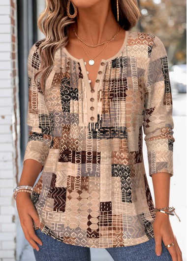 Tribal Print Tuck Stitch Light Coffee T Shirt
