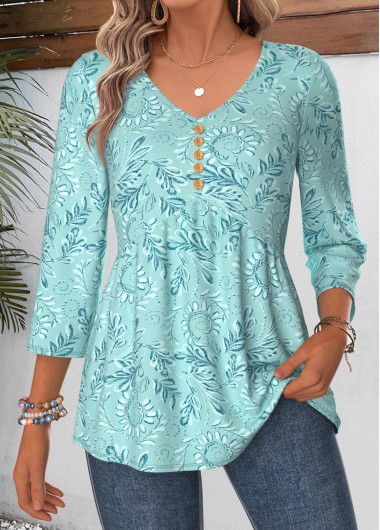 Paisley Print Curved Hem Cyan 3/4 Sleeve Blouse