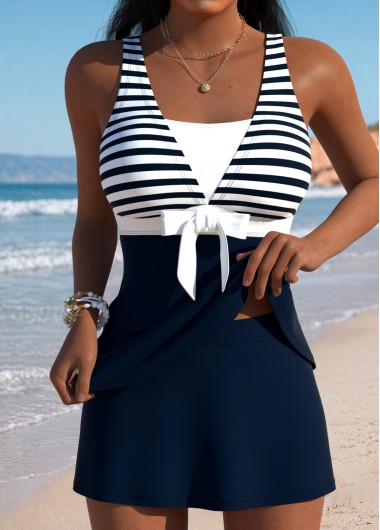 Mid Waisted Striped Navy Tankini Set Mid Waisted Striped Navy Tankini Set