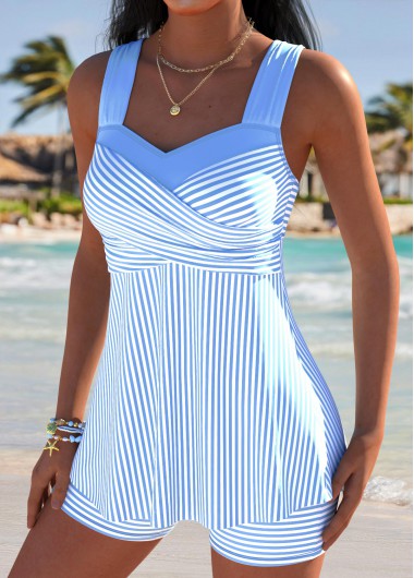 Mid Waisted Striped Surplice Light Blue Tankini Set