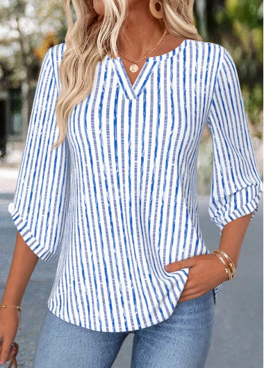 Striped Curved Hem Blue 3/4 Sleeve Split Neck Blouse Striped Curved Hem Blue 3/4 Sleeve Split Neck Blouse