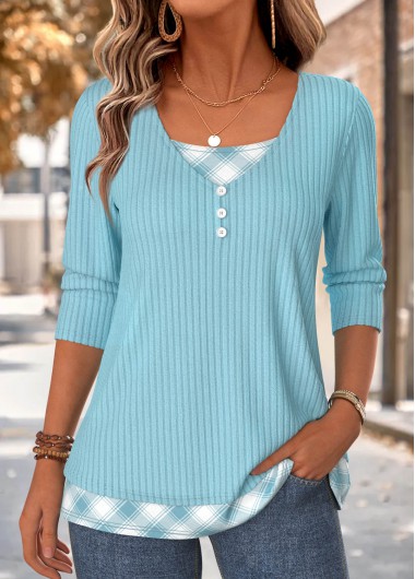Plaid Fake 2in1 Blue Long Sleeve T Shirt