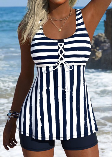 Mid Waisted Striped Lace Up Navy Tankini Set