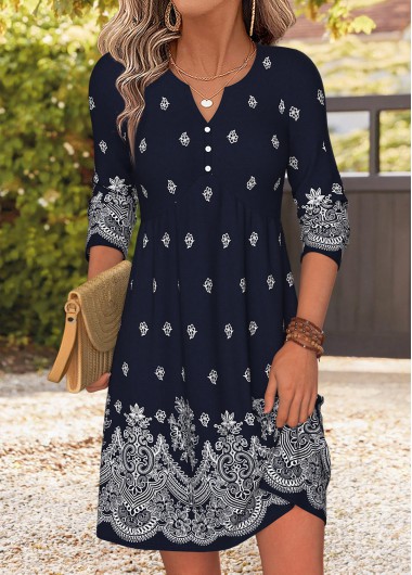 Tribal Print Patchwork Navy Short Long Sleeve Dress
