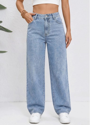 Denim Blue Straight Leg Zipper Fly High Waisted Jeans