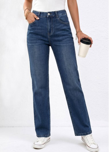 Denim Blue Straight Leg Zipper Fly High Waisted Jeans