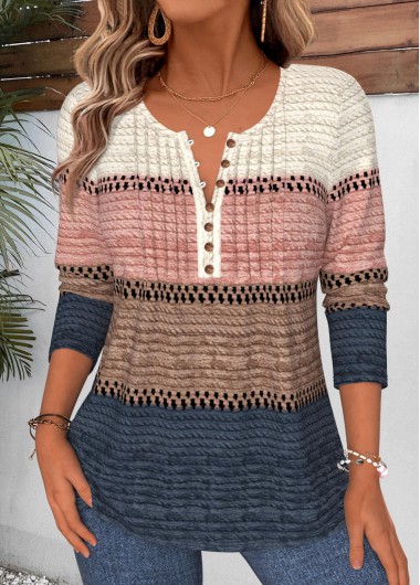 Striped Tuck Stitch Multi Color Long Sleeve T Shirt