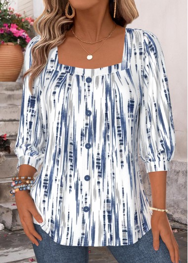 Geometric Print Button Blue 3/4 Sleeve T Shirt