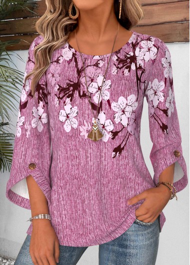 Floral Print Button Violet 3/4 Sleeve Round Neck Blouse